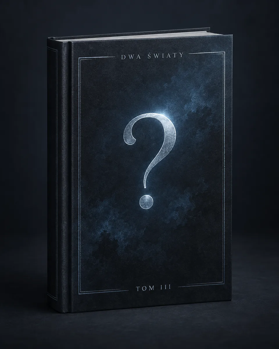 Teaser Tomu III: ciemna książka ze srebrnym znakiem zapytania, bez ujawnionego tytułu